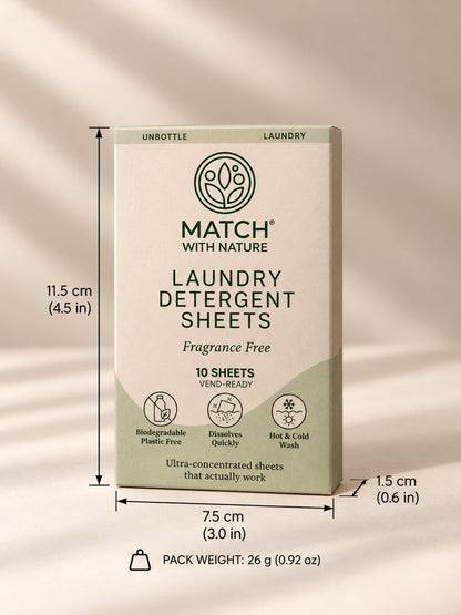 Match with Nature Fragrance Free vend-ready laundry detergent sheets packet, front