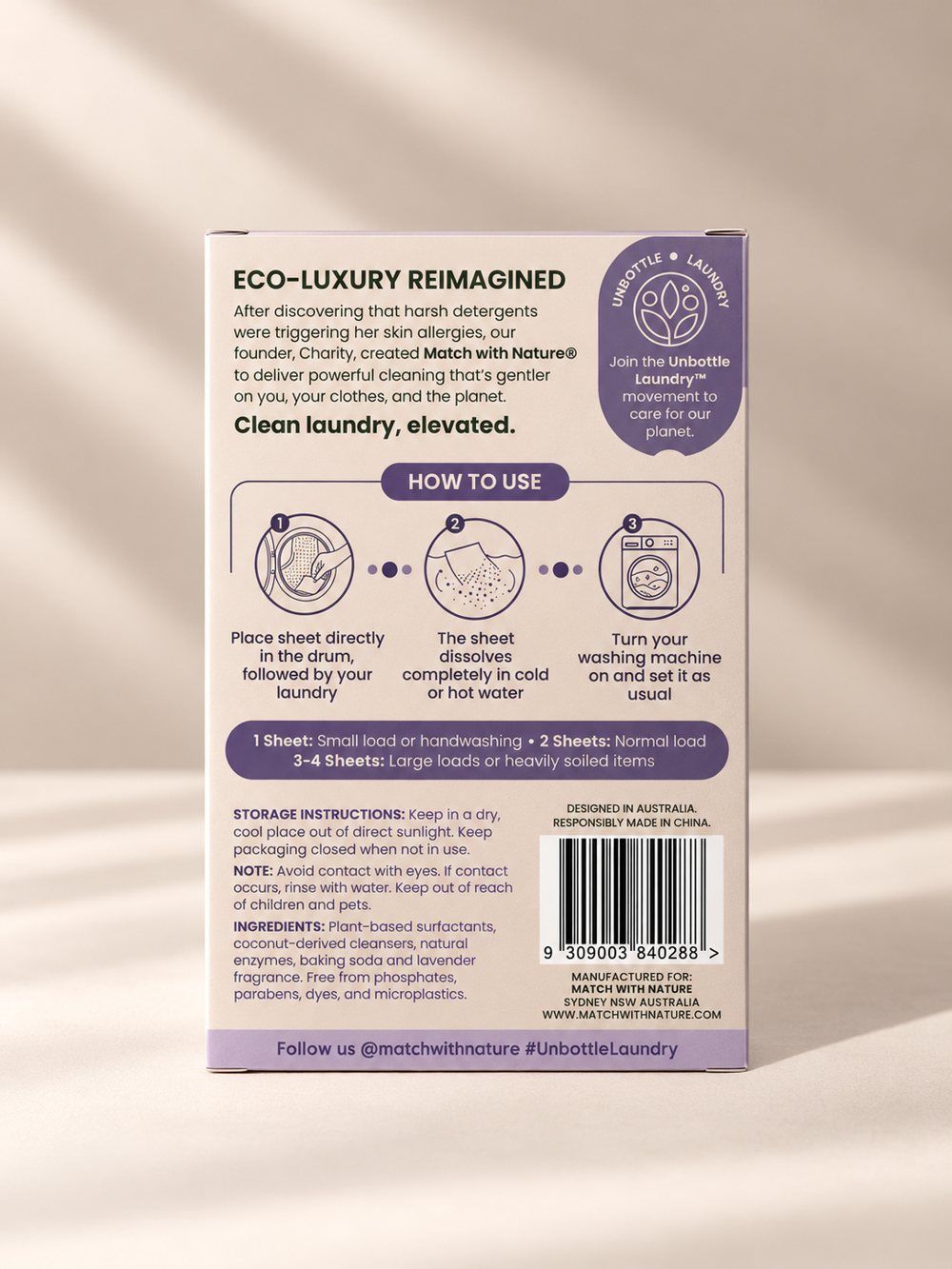 Match with Nature Lavender vend-ready laundry detergent sheets packet, back