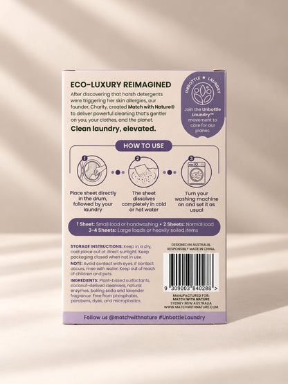Match with Nature Lavender vend-ready laundry detergent sheets packet, back