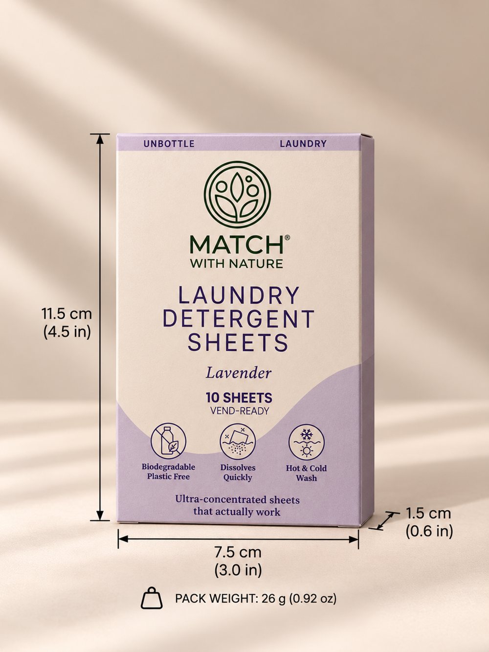 Match with Nature Lavender vend-ready laundry detergent sheets packet, front