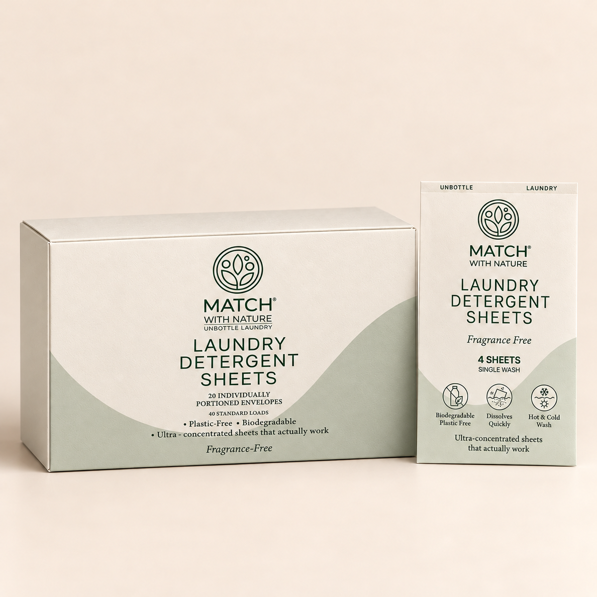 Fragrance Free Single-Wash Laundry Sheets: a box of 20 envelopes beside a single envelope