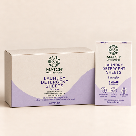 Lavender Single-Wash Laundry Sheets: a box of 20 envelopes beside a single envelope