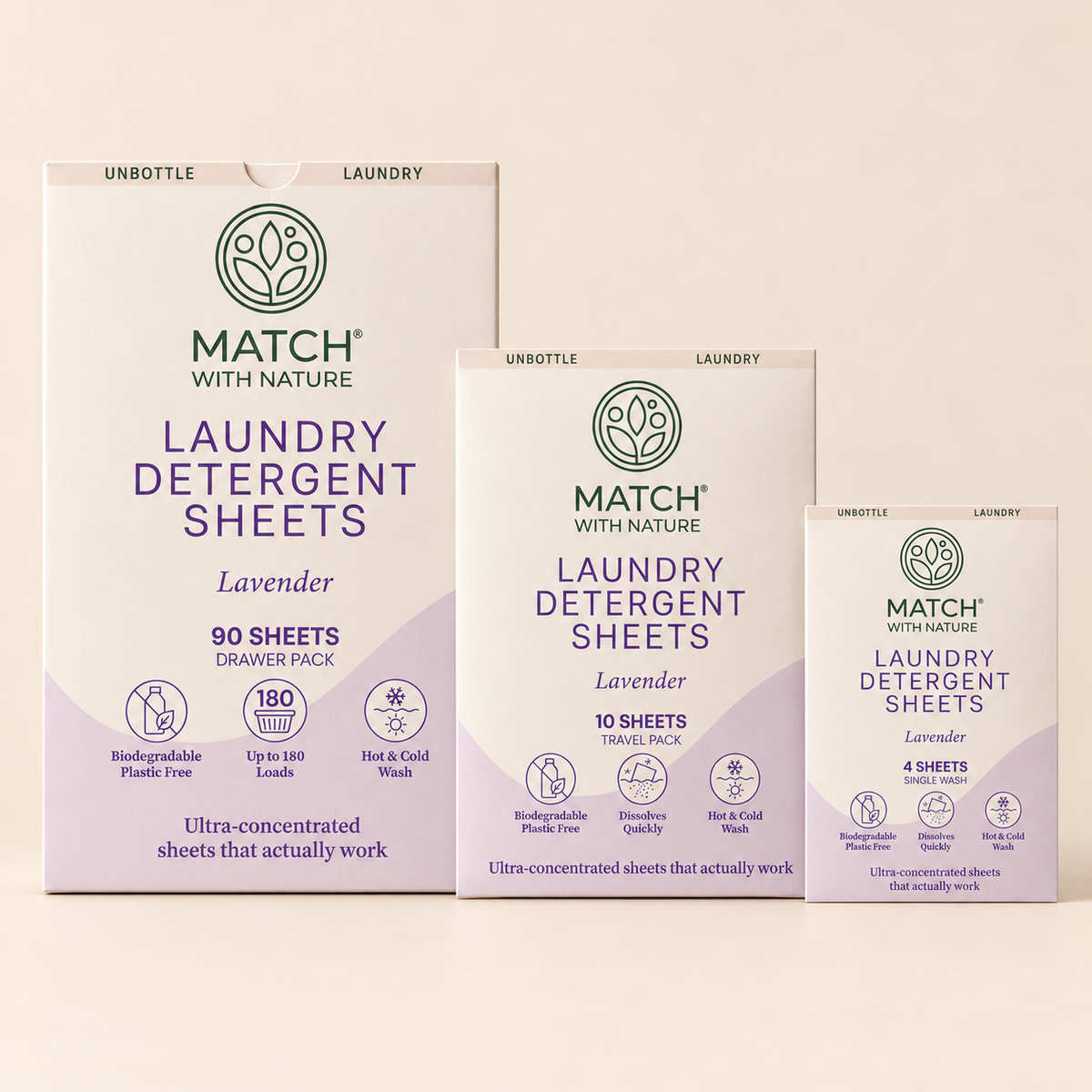 Lavender Unbottled Starter Bundle: 90-sheet Drawer Pack, 10-sheet Travel Pack and a Single-Wash envelope