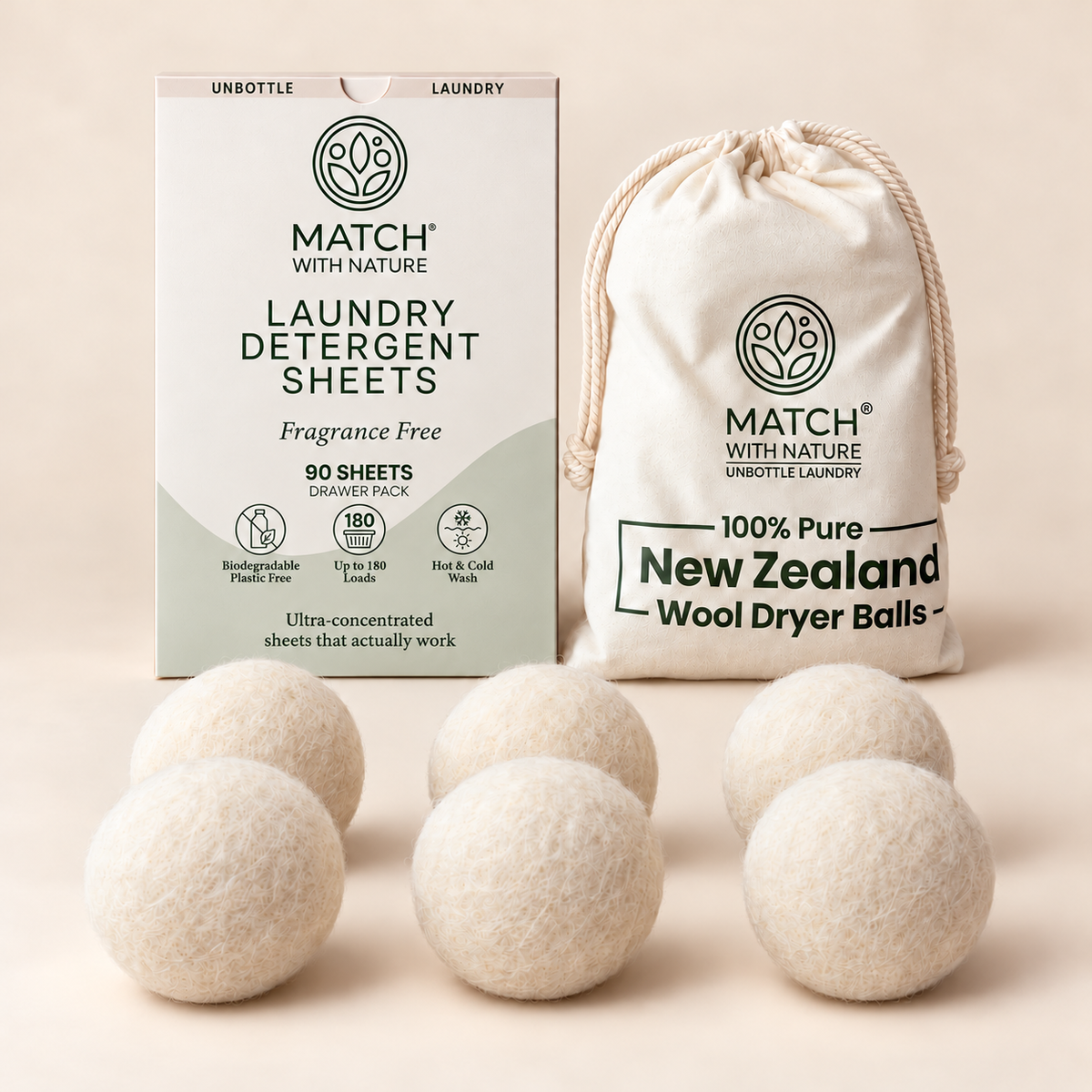 Fragrance Free Unbottled Home Essentials Bundle: 90-sheet Drawer Pack and 6 New Zealand wool dryer balls