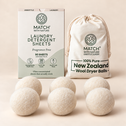Fragrance Free Unbottled Home Essentials Bundle: 90-sheet Drawer Pack and 6 New Zealand wool dryer balls