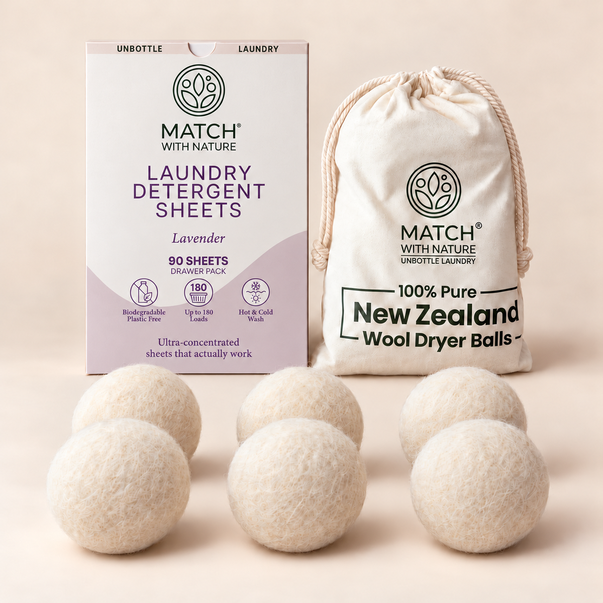 Lavender Unbottled Home Essentials Bundle: 90-sheet Drawer Pack and 6 New Zealand wool dryer balls